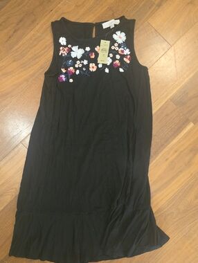LOFT Black Sleeveless Dress with Colorful Floral Embroidery